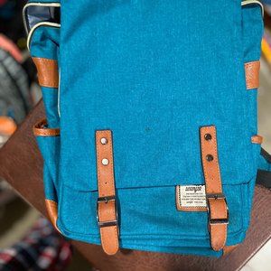 Wenjie brand new canvas blue denim and brown leather slim laptop school backpack